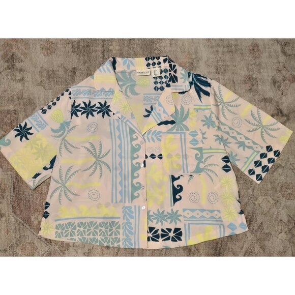 Rachel Zoe Tops - Rachel Zoe Tropical Cropped Button-Down Shirt Pastel Blue Yellow & Pink Size S